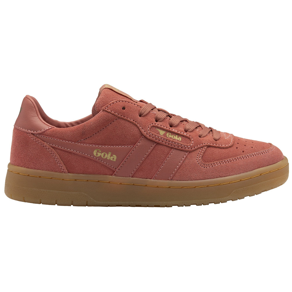 A single red-brown suede sneaker with a gum sole, viewed from the side.