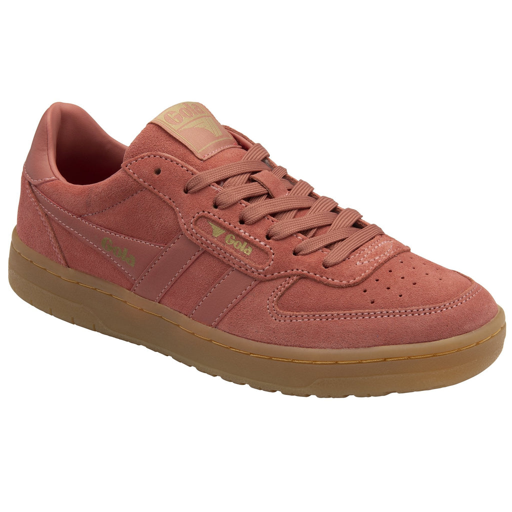 A red-brown suede sneaker with a gum sole, slightly angled to show the side and front.
