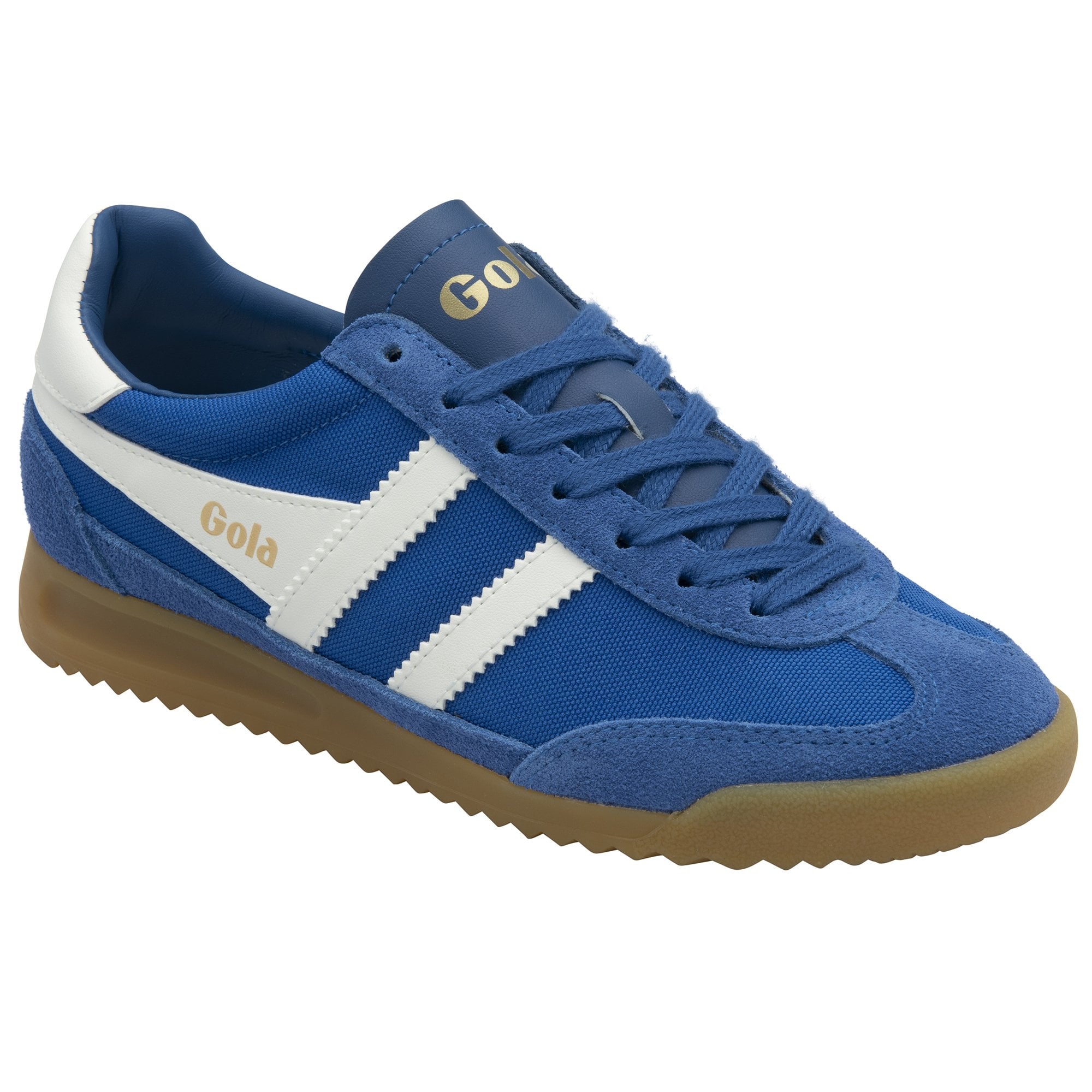 Angled side view of a blue and white Gola trainer with a brown sole.