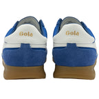 Rear view of a pair of blue and white Gola trainers with brown soles.