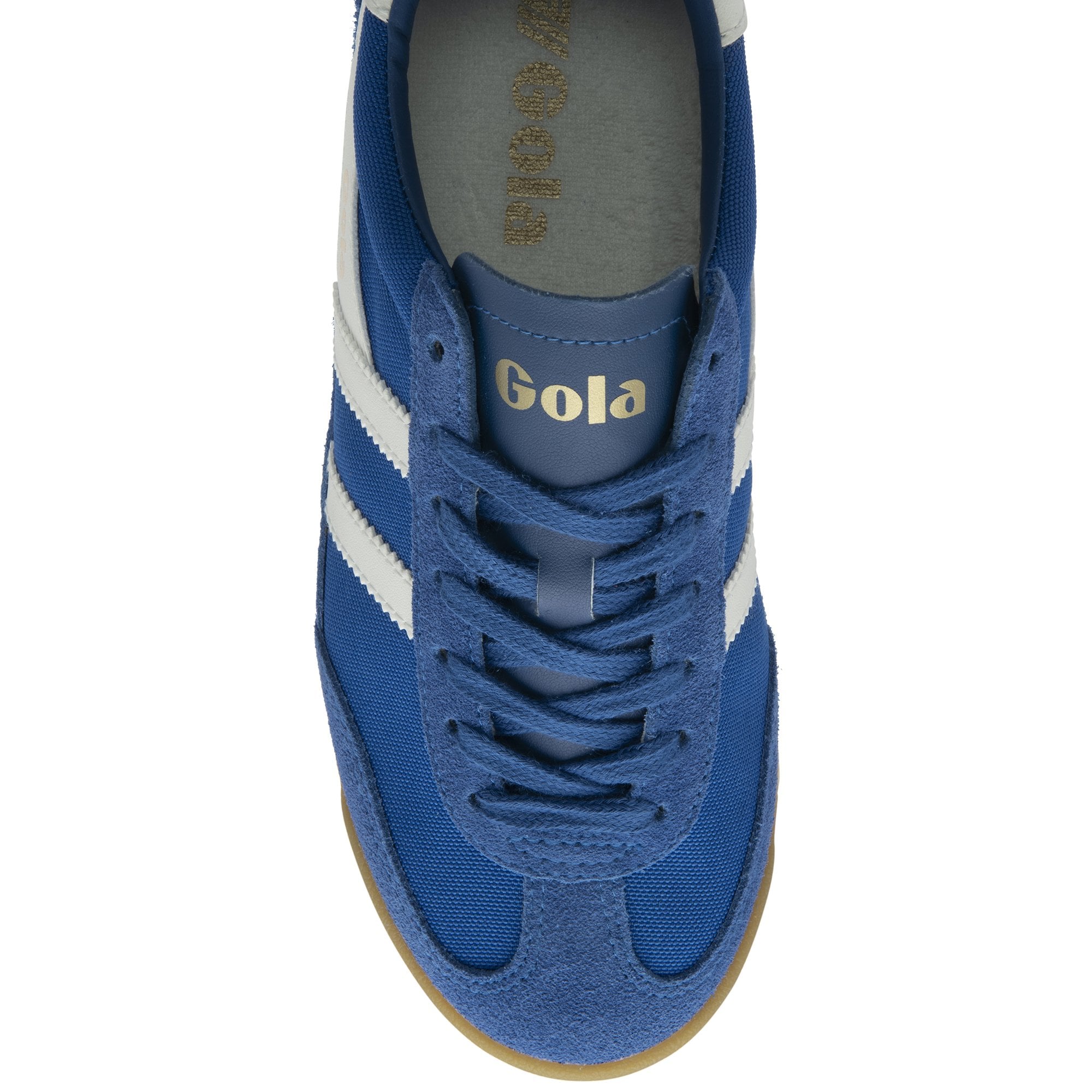 Top down view of a blue and white Gola trainer with a brown sole.