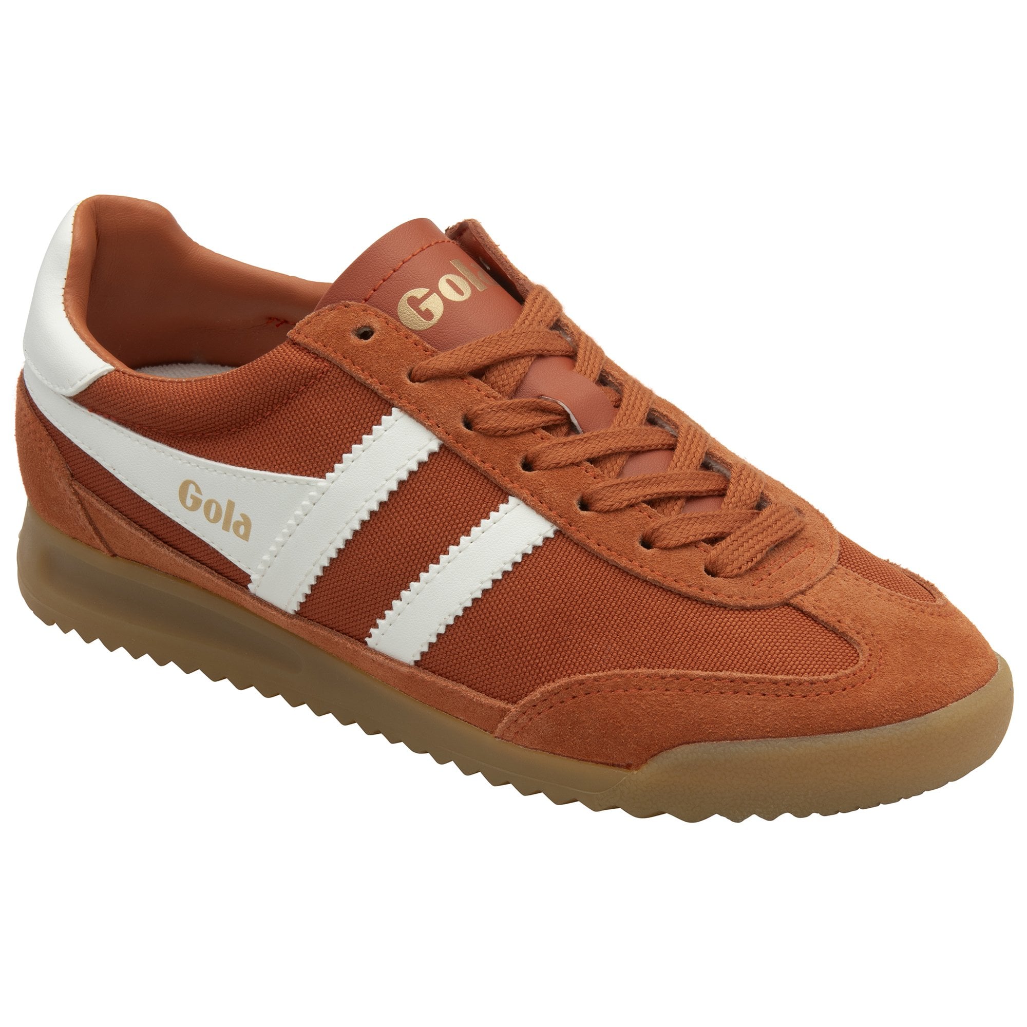 High-angle side profile of a Gola men's Trainer in burnt orange.