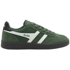 Side profile of a Gola men's trainer in forest green with white stripes and a black sole.
