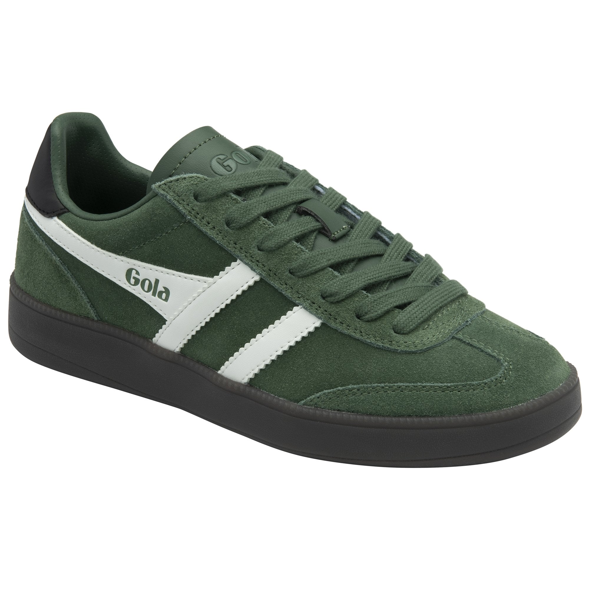 Front side profile of a Gola men's trainer in forest green with white stripes and a black sole.