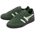 Pair of Gola men's trainers in forest green with white stripes and a black sole.