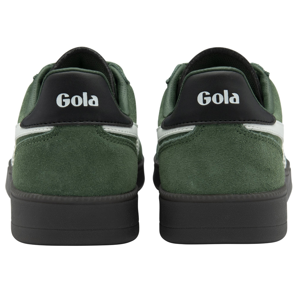 Rear view of a pair of Gola men's trainers in forest green with white stripes and a black sole.