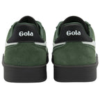 Rear view of a pair of Gola men's trainers in forest green with white stripes and a black sole.