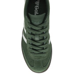 Top view of a Gola men's trainer in forest green with white stripes and a black sole.