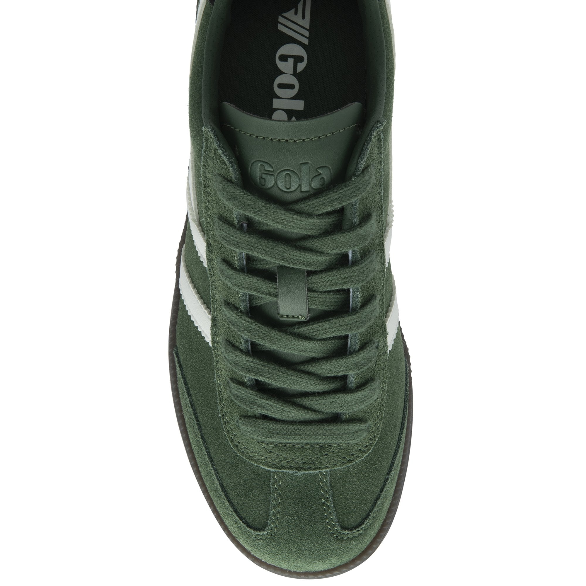 Top view of a Gola men's trainer in forest green with white stripes and a black sole.