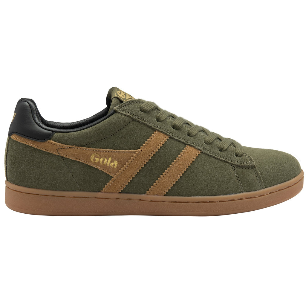 A single green Gola sneaker with brown stripes and sole, viewed from the side.