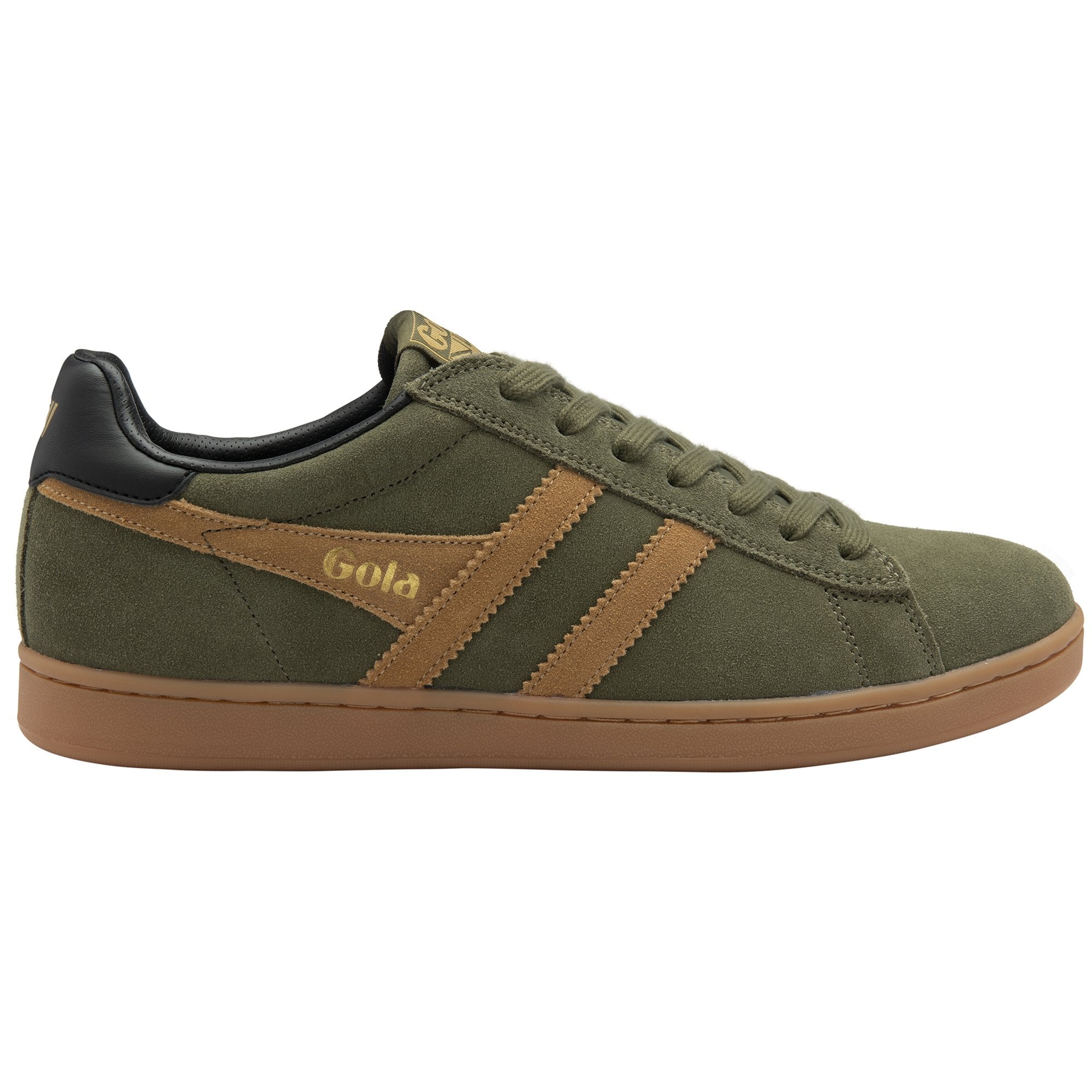A single green Gola sneaker with brown stripes and sole, viewed from the side.