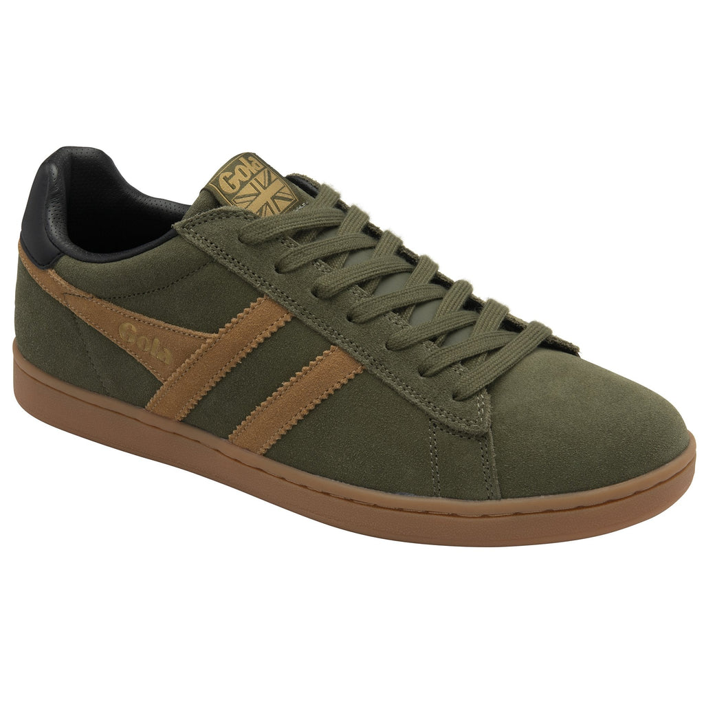 A single green Gola sneaker with brown stripes and sole, angled slightly.