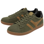 A pair of green Gola sneakers with brown stripes and soles, angled together.