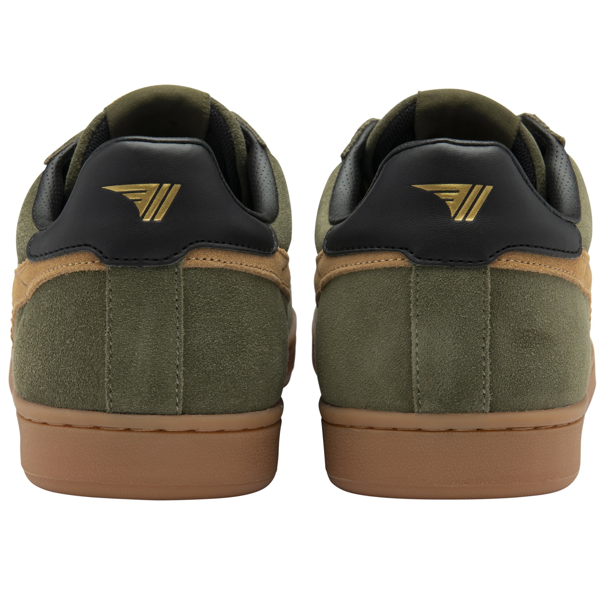 The back view of a pair of green Gola sneakers, showing black heels with gold logos.