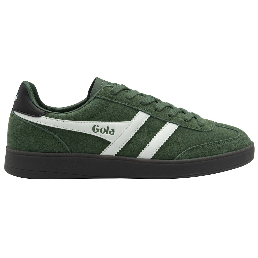 Side profile of a green Gola sneaker with white stripes and a black sole.