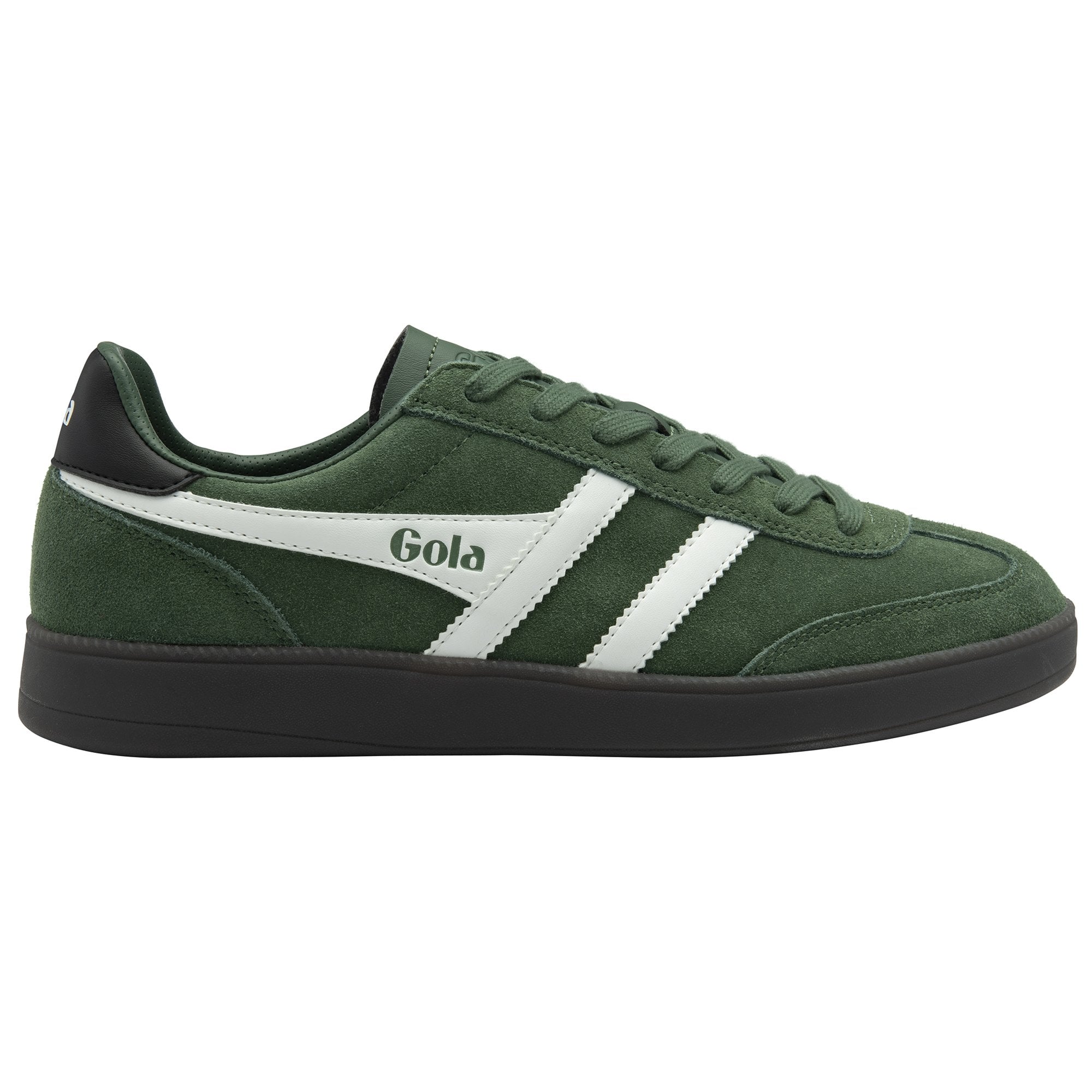 Side profile of a green Gola sneaker with white stripes and a black sole.