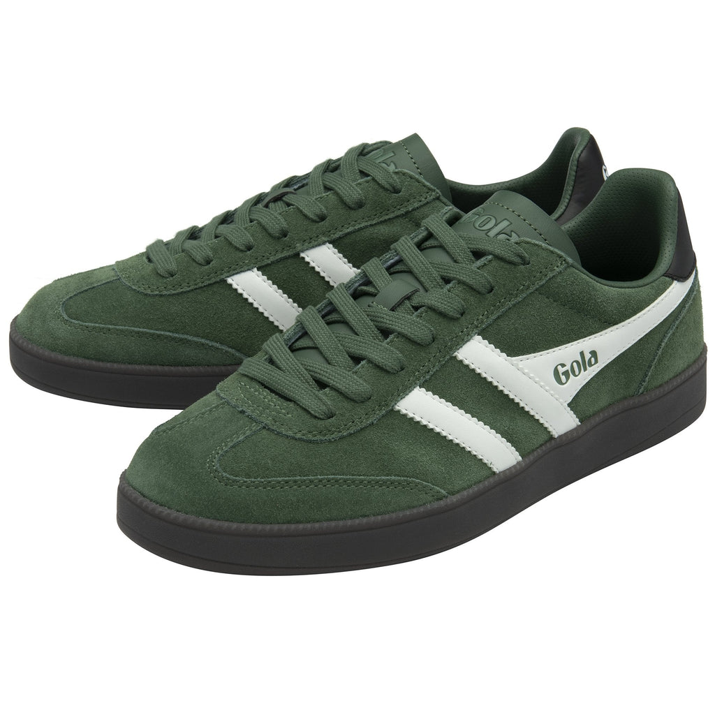 Pair of green Gola sneakers with white stripes and black soles.