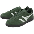 Pair of green Gola sneakers with white stripes and black soles.
