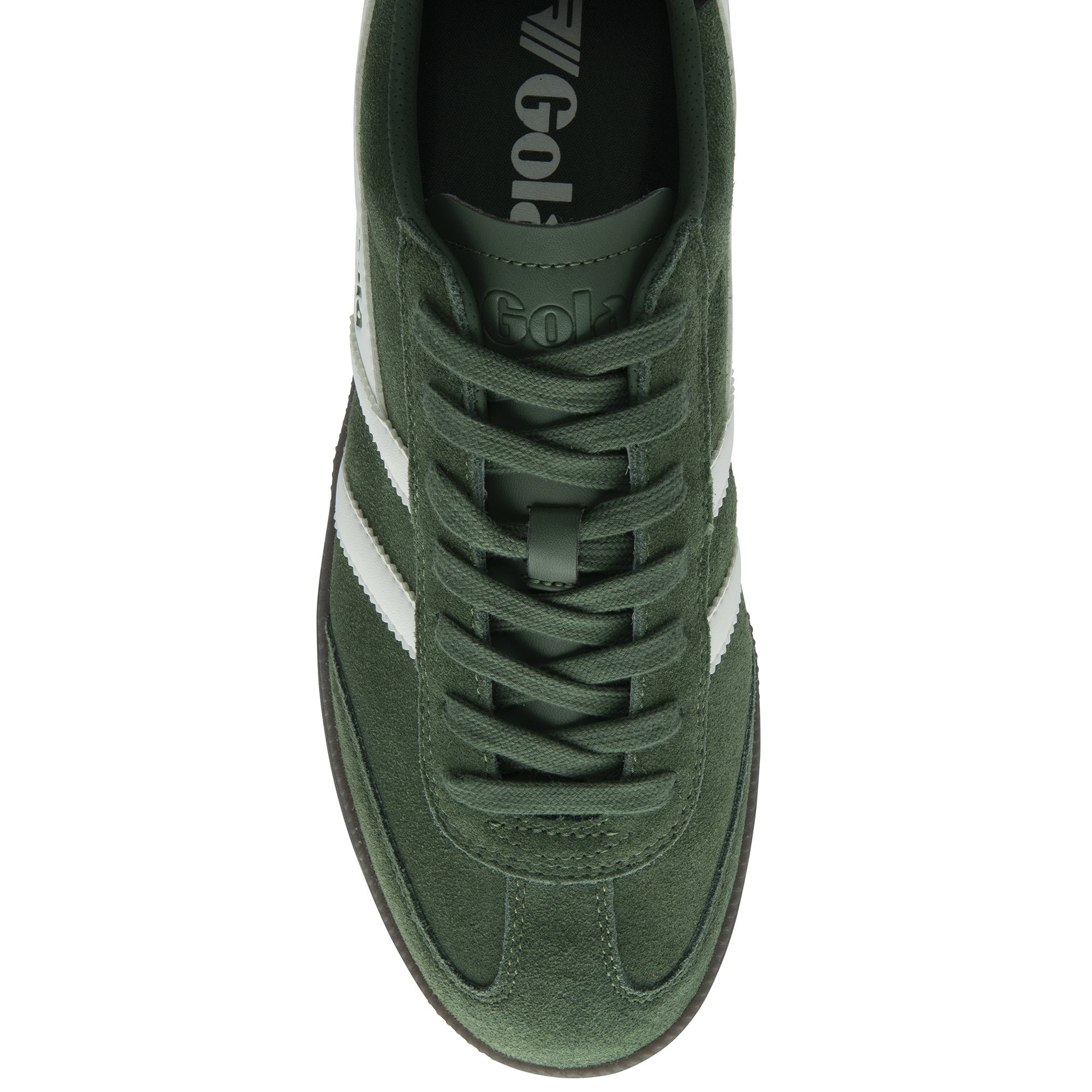 Top down view of a green Gola sneaker with white stripes and green laces.