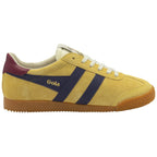 A single men's Gola Harrier trainer, gold suede with navy stripes and a burgundy heel tab.