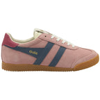 Side profile of a Gola men's Trainer in Pink with blue stripes, white laces, and gum sole.