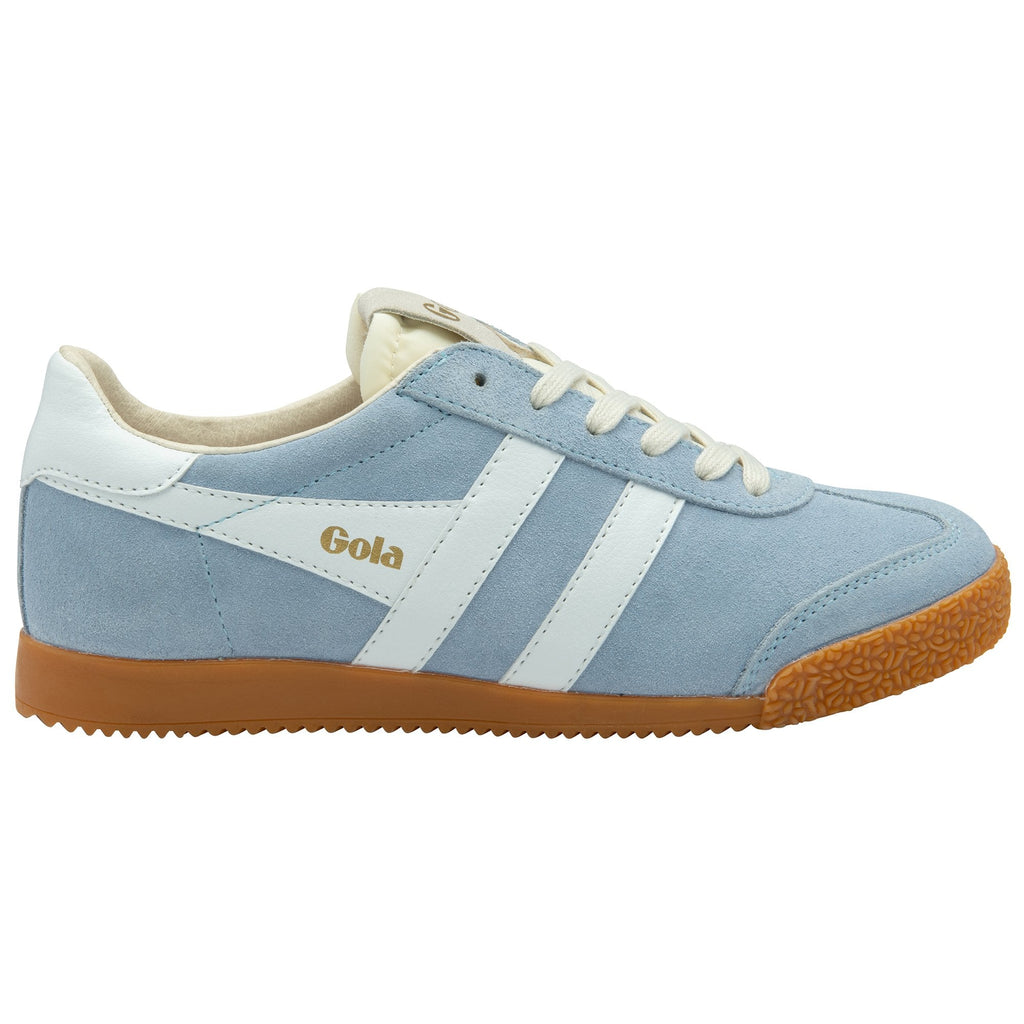 A light blue Gola sneaker with white stripes and a tan sole.