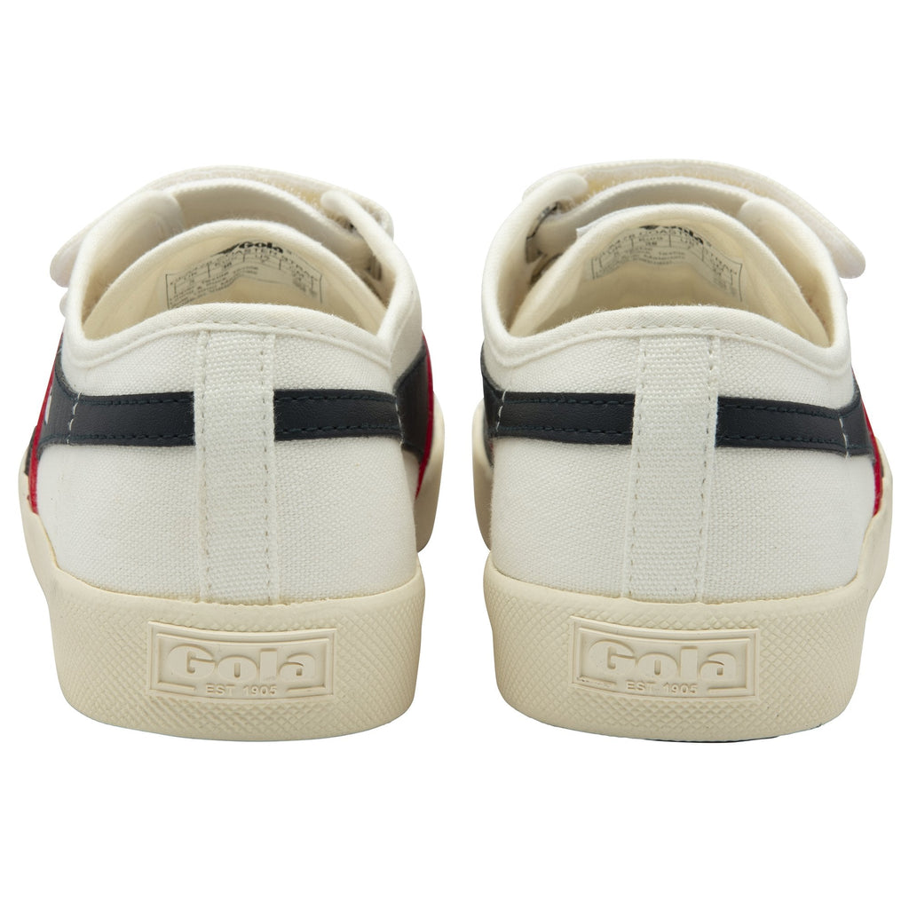 The back view of two white Gola sneakers with a white Gola logo on the sole.