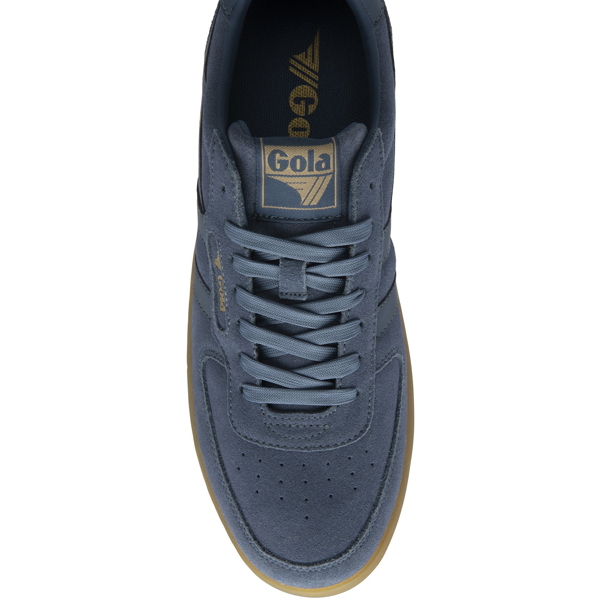 Top down view of a single Gola men's sneaker in blue with a gum sole.