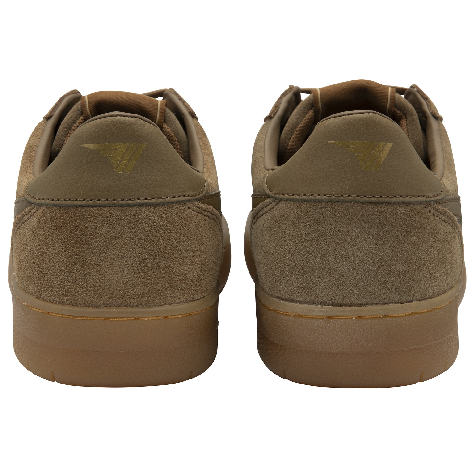 Two brown suede sneakers, viewed from the back.