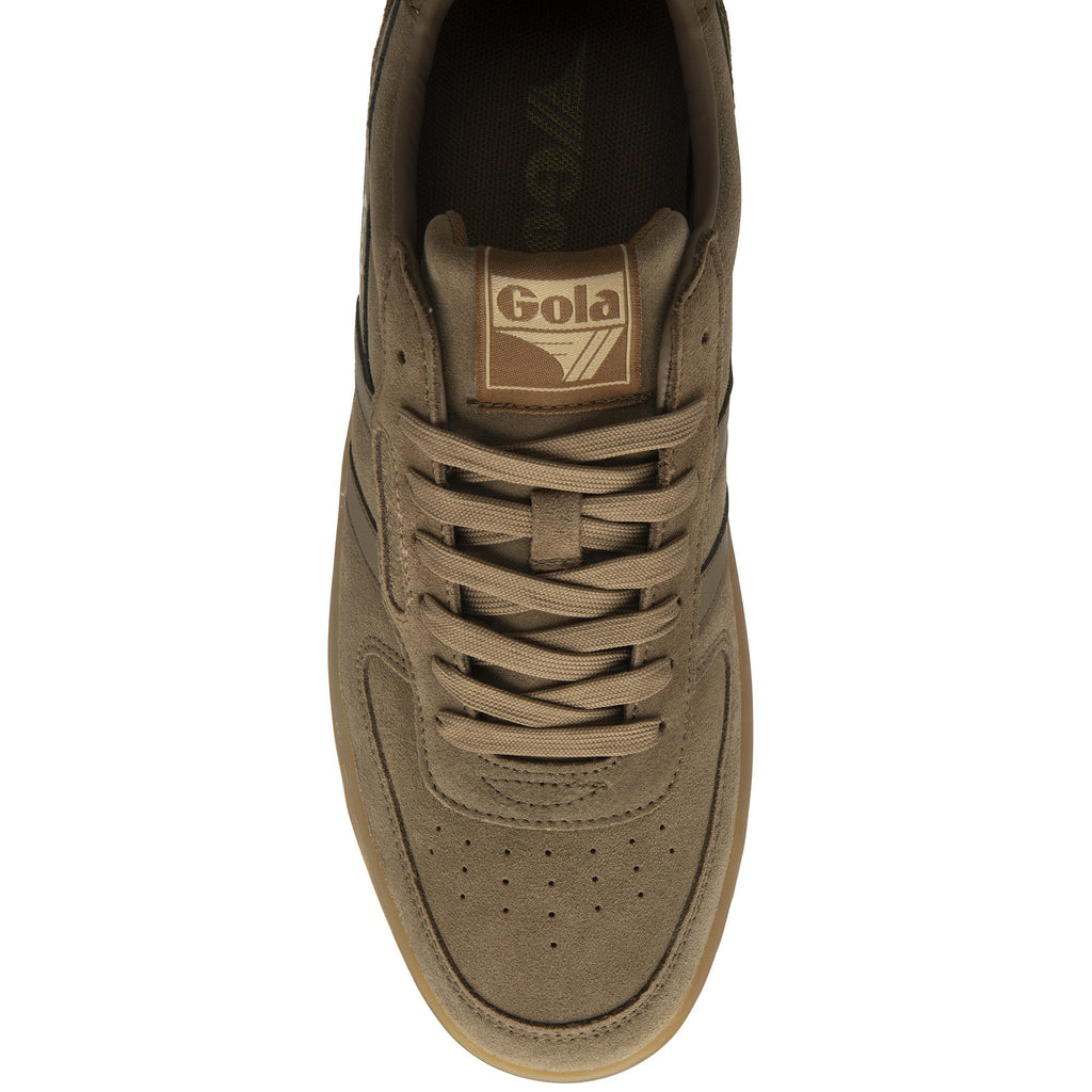 Brown suede sneaker, viewed from above.