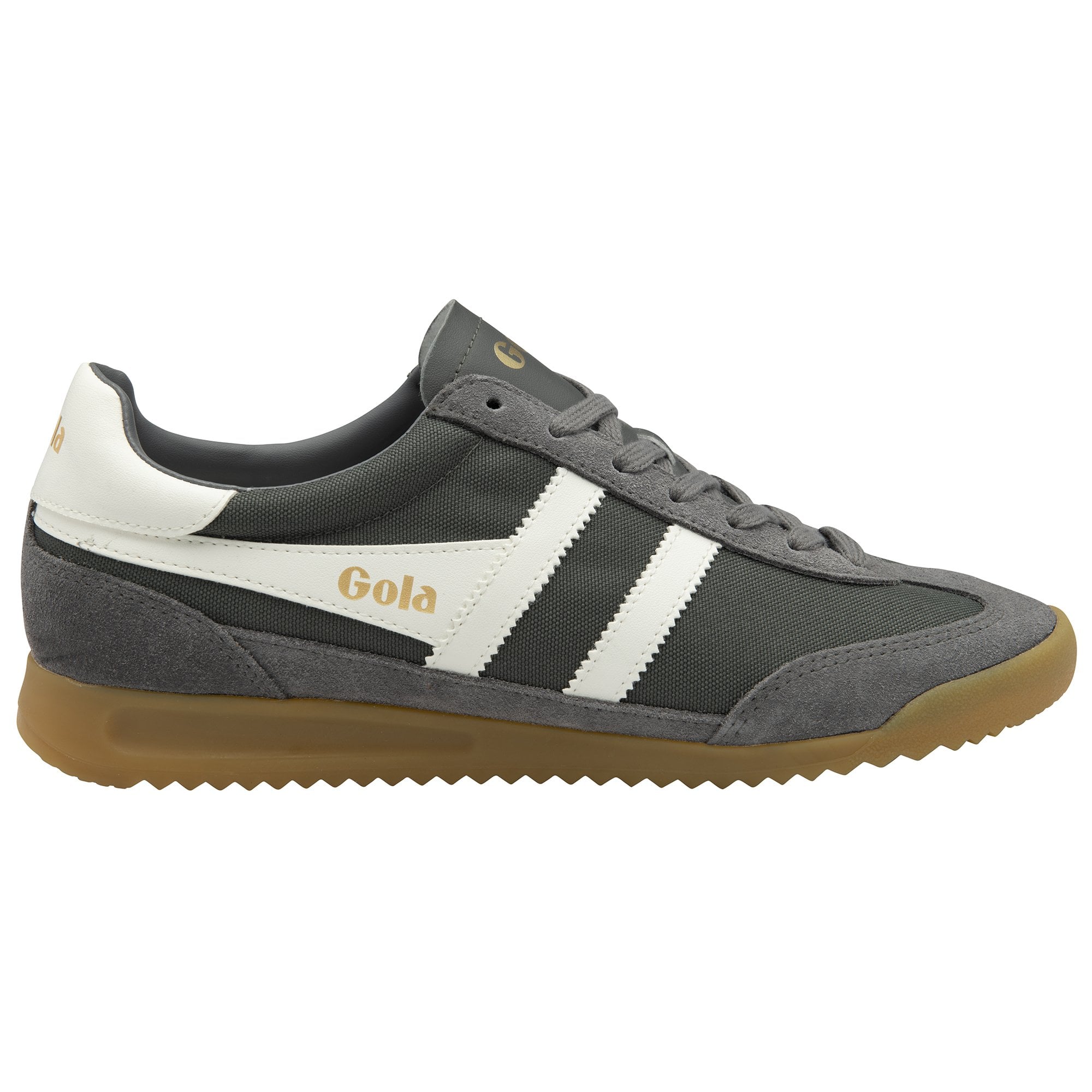 A single gray and white Gola trainer with a brown sole, angled to the left.