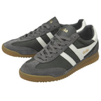 A pair of gray and white Gola trainers with brown soles, one slightly behind the other.
