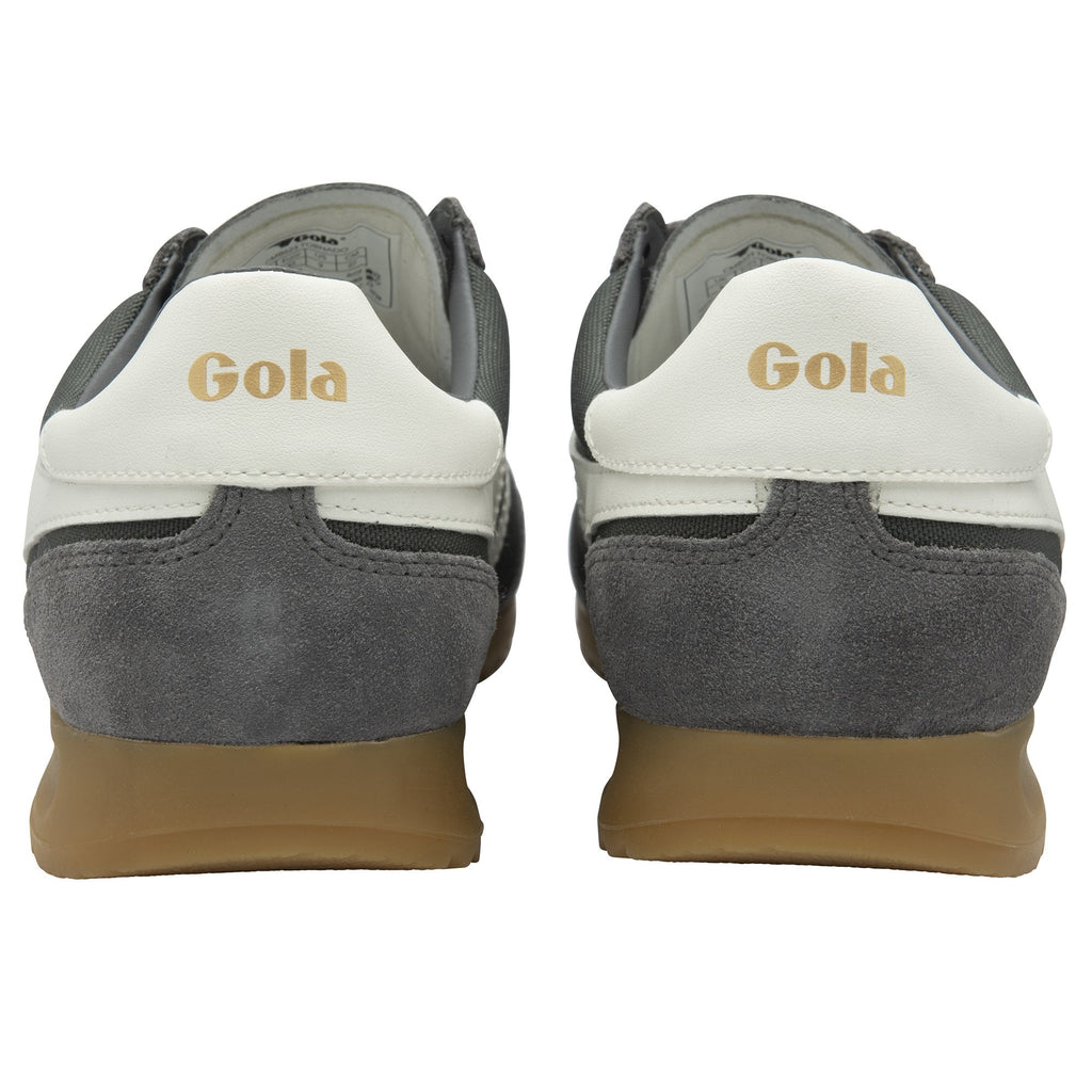 Rear view of a pair of grey Gola sneakers with white heel tabs and tan soles