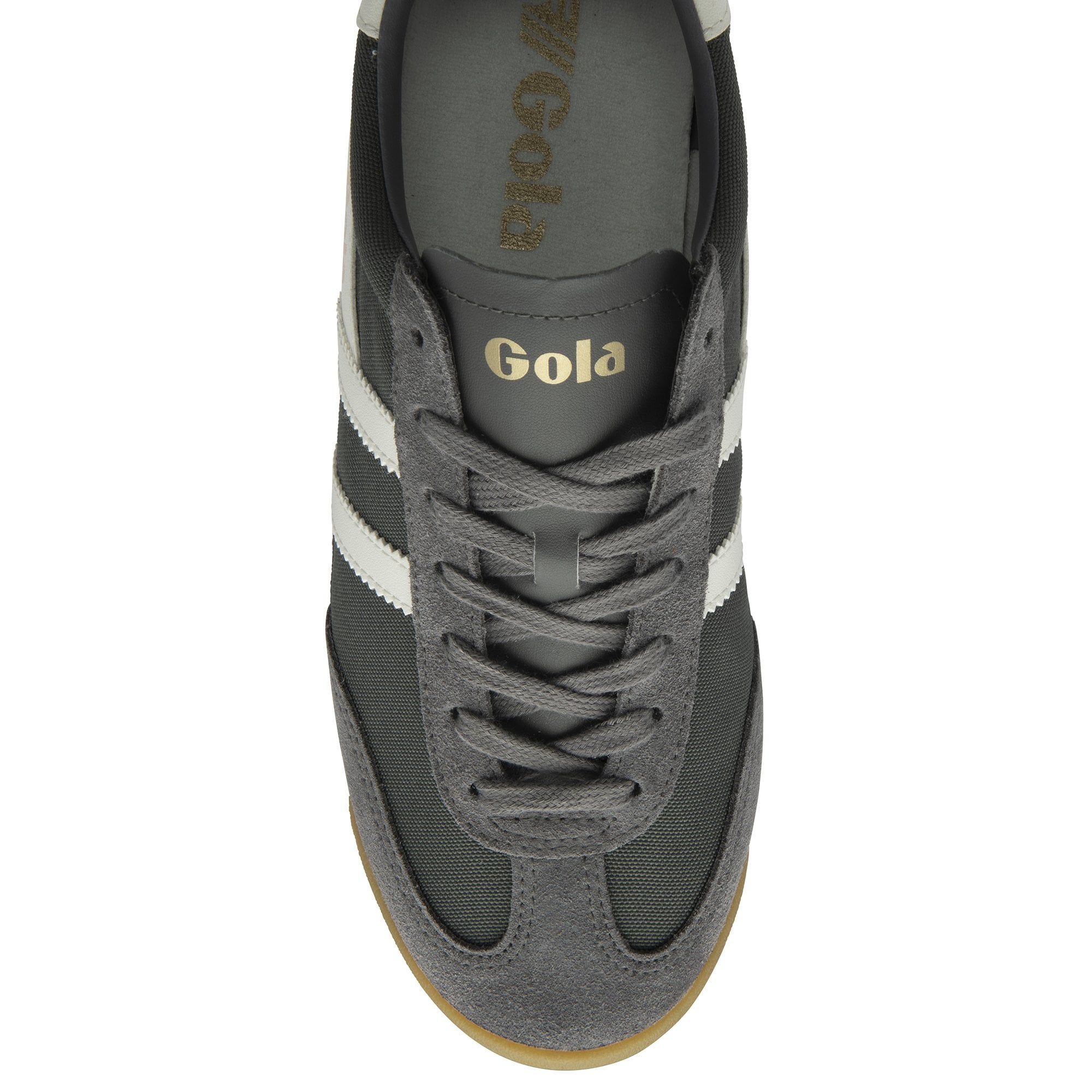 Top-down view of a single gray and white Gola trainer with a brown sole.
