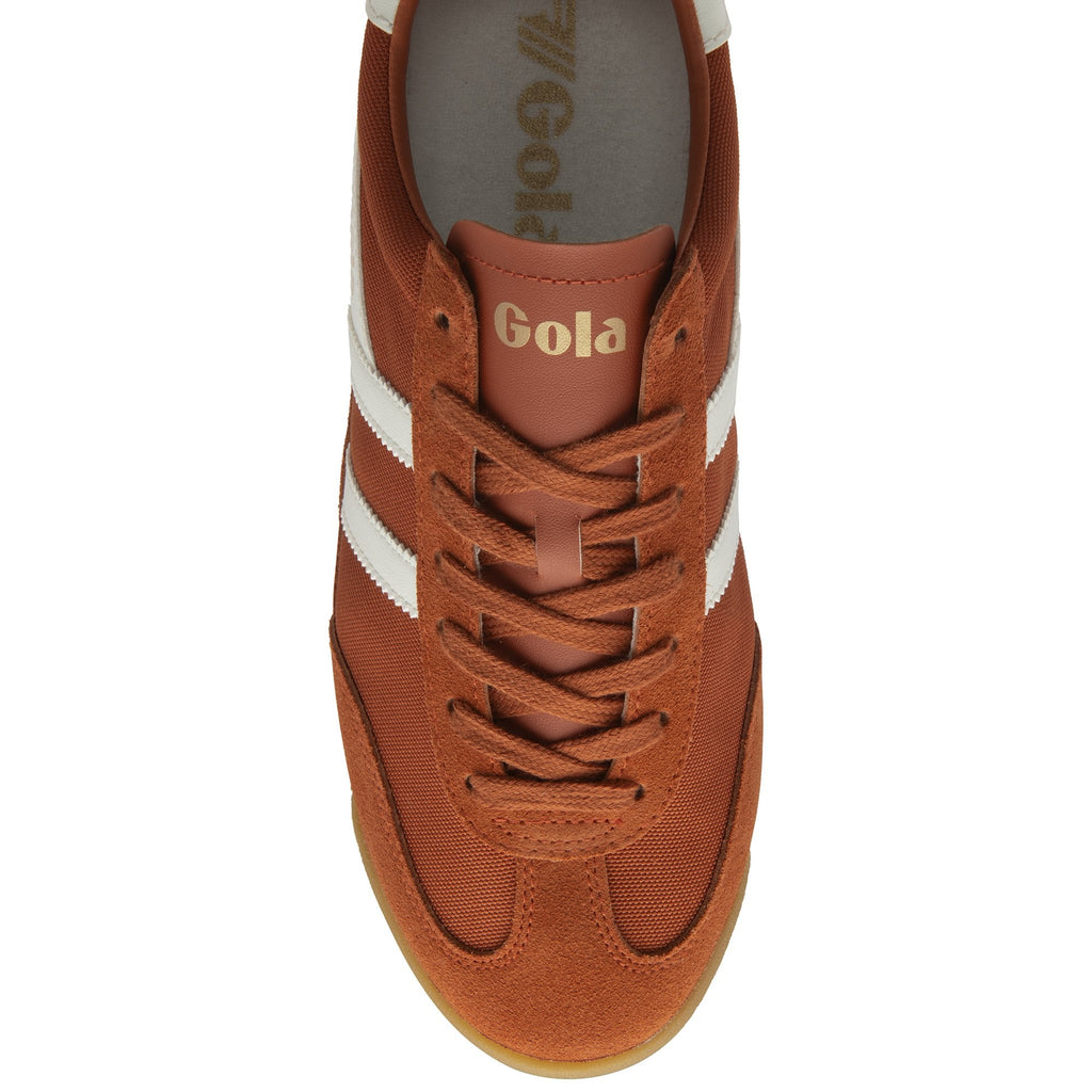 Top down view of a Gola shoe with an earthy brown base and white details.