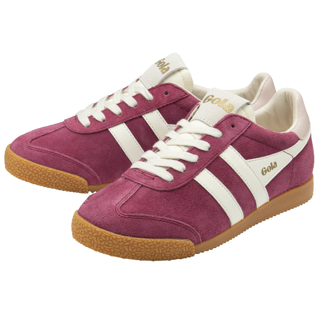 A pair of men's Gola Harrier trainers in claret and off-white.