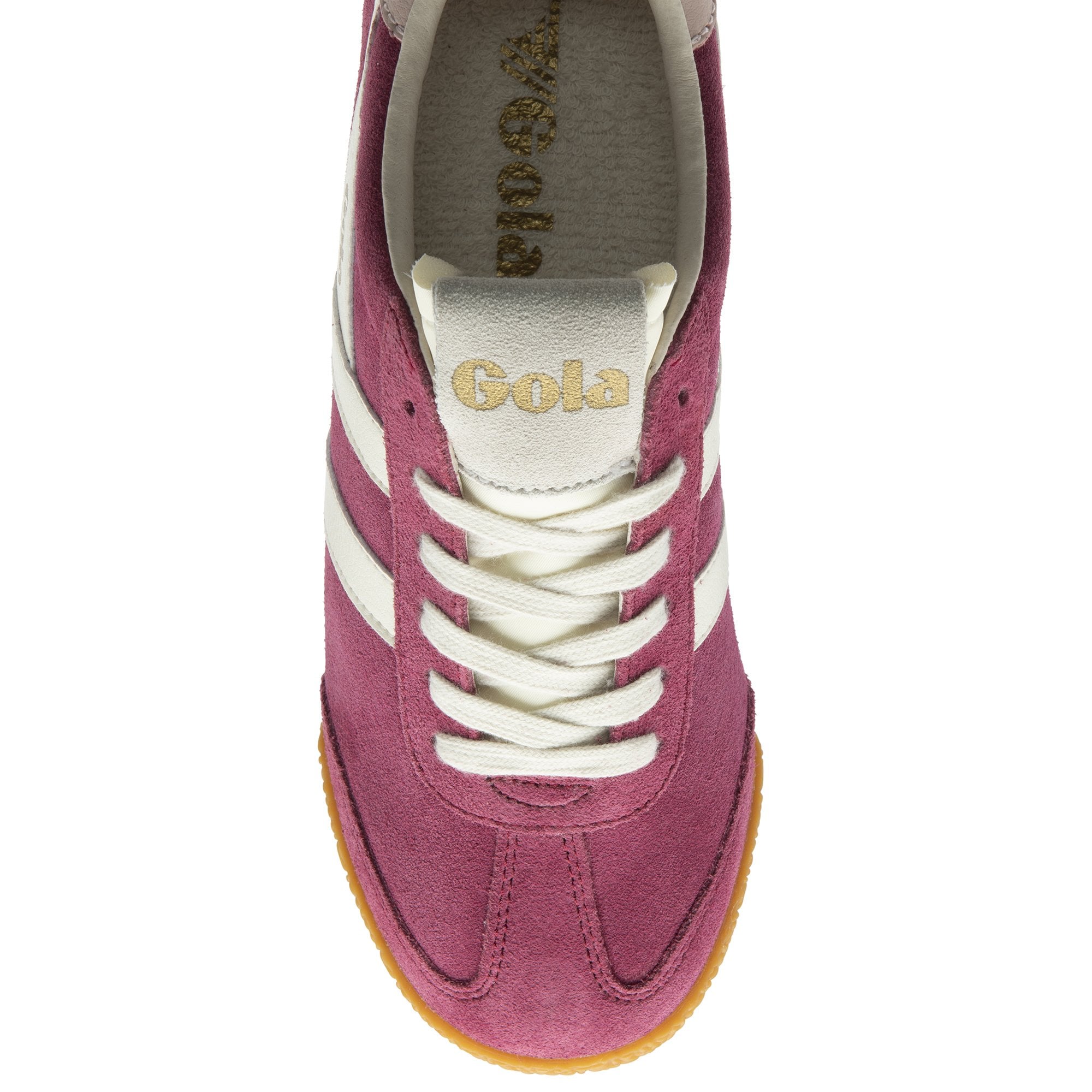 The top view of a single men's Gola Harrier trainer in claret and off-white.