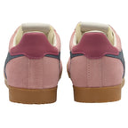 Rear view of a pair of Gola men's Trainers in Pink with blue stripes and maroon heel.