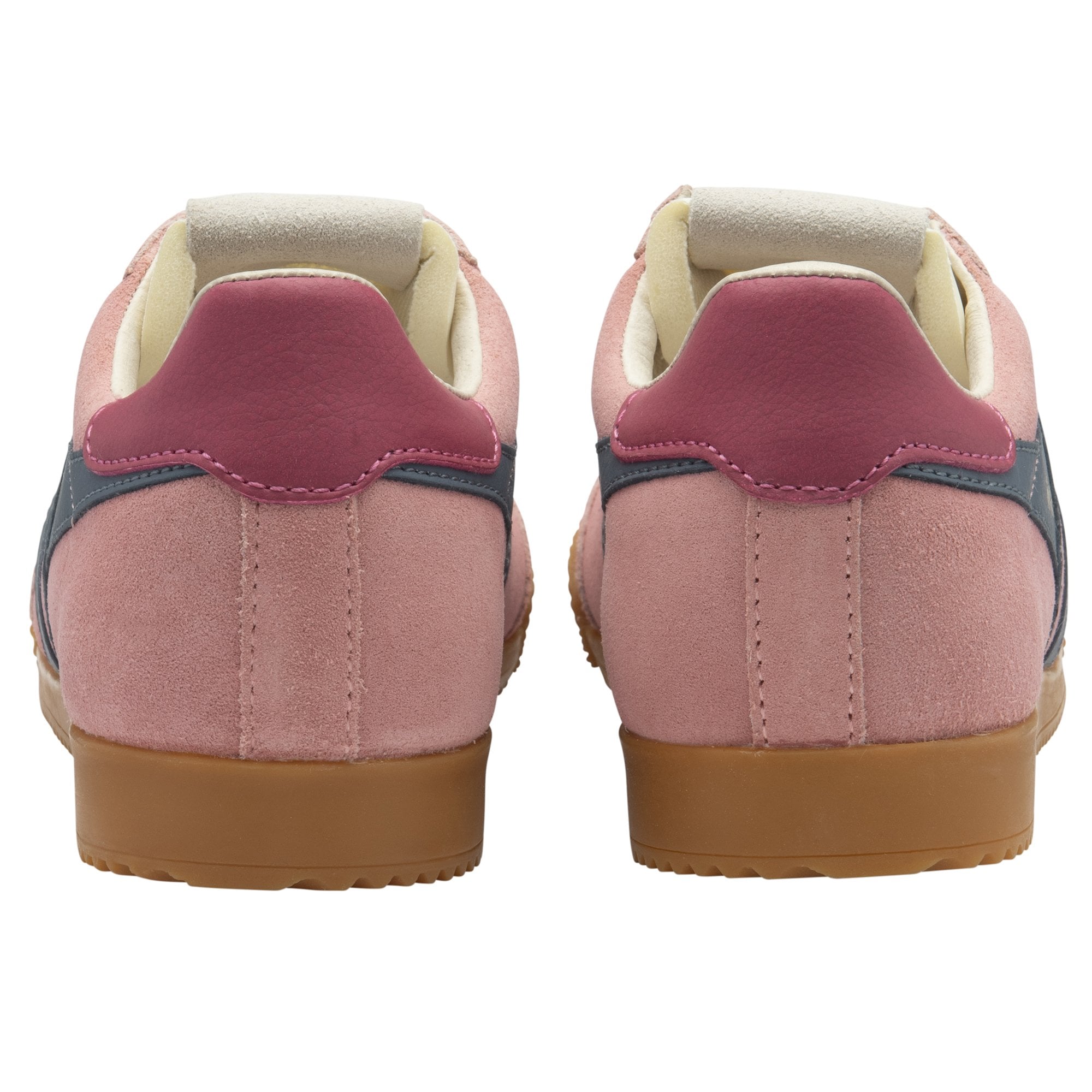 Rear view of a pair of Gola men's Trainers in Pink with blue stripes and maroon heel.