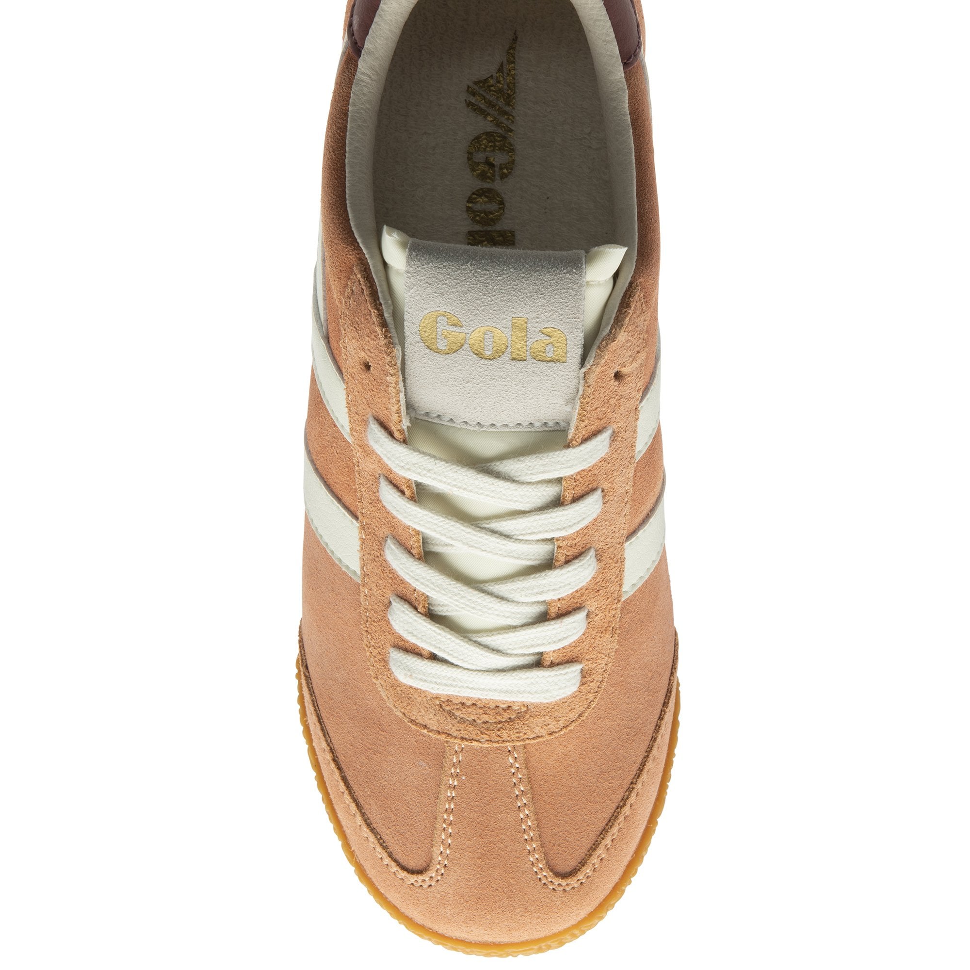 Top down view of a Gola men's shoe in camel with white stripes and laces.