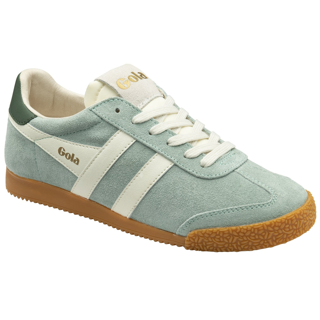 A light blue suede Gola trainer with white stripes and a brown sole, angled slightly.