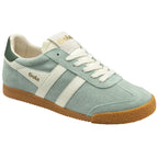 A light blue suede Gola trainer with white stripes and a brown sole, angled slightly.