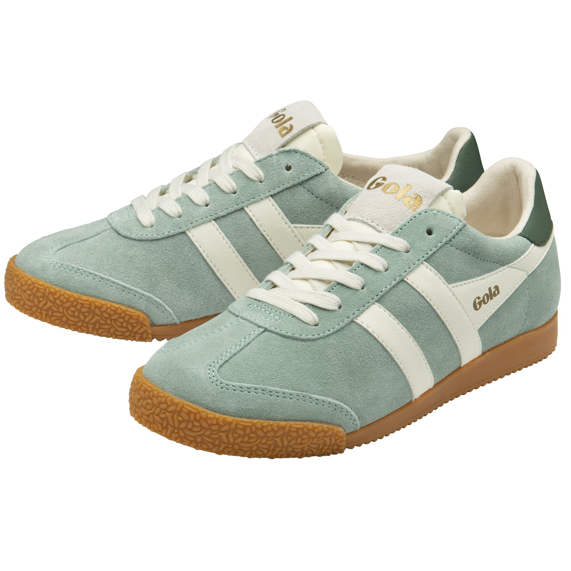 A pair of light blue suede Gola trainers with white stripes and brown soles.