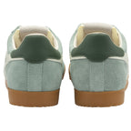The back view of a pair of light blue suede Gola trainers with dark green accents.