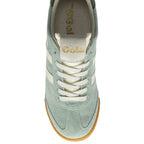 Top-down view of a light blue suede Gola trainer with white laces and stripes.