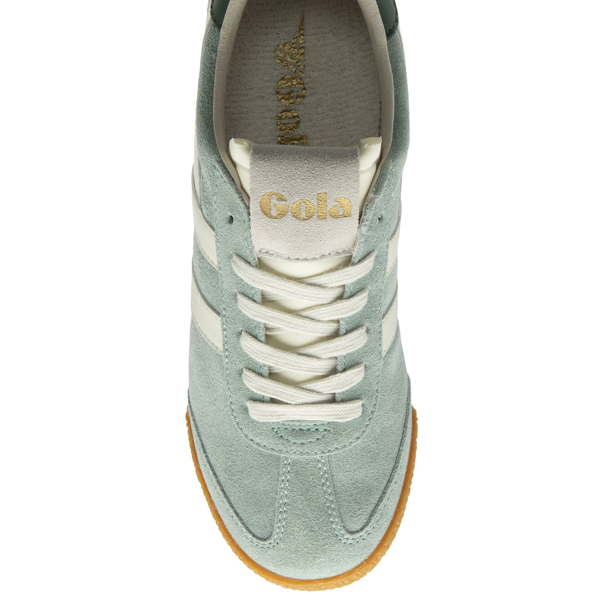Top-down view of a light blue suede Gola trainer with white laces and stripes.