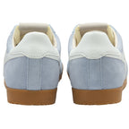 The back view of a pair of light blue Gola sneakers with white heels.