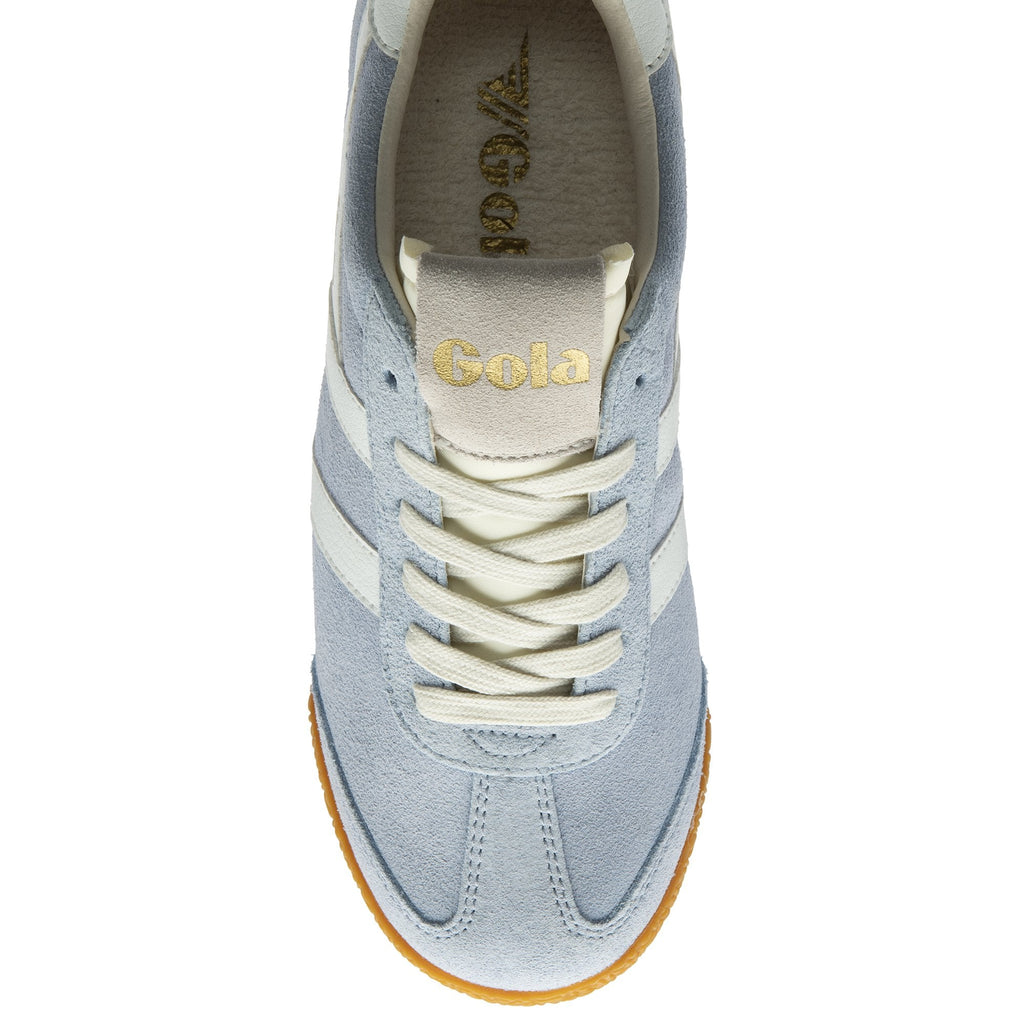 An overhead view of a light blue Gola sneaker with white stripes.