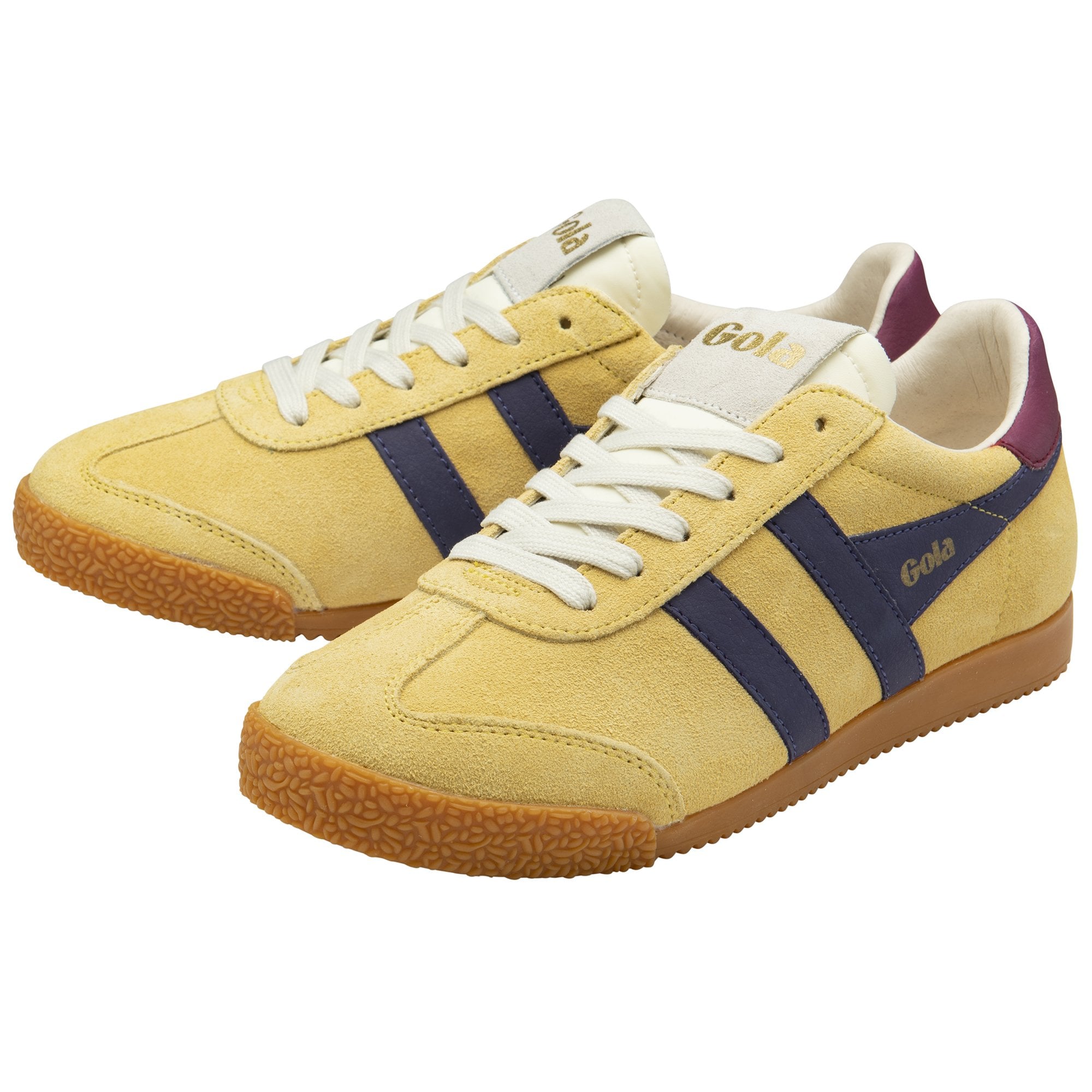 A pair of men's Gola Harrier trainers, gold suede with navy stripes and a burgundy heel tab.