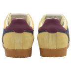 Rear view of a pair of men's Gola Harrier trainers with burgundy heel tabs.